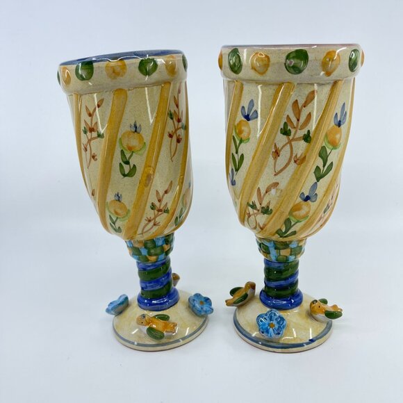 vintage hand-painted ceramic goblets with floral & bird motif set of 2 - Picture 2 of 8